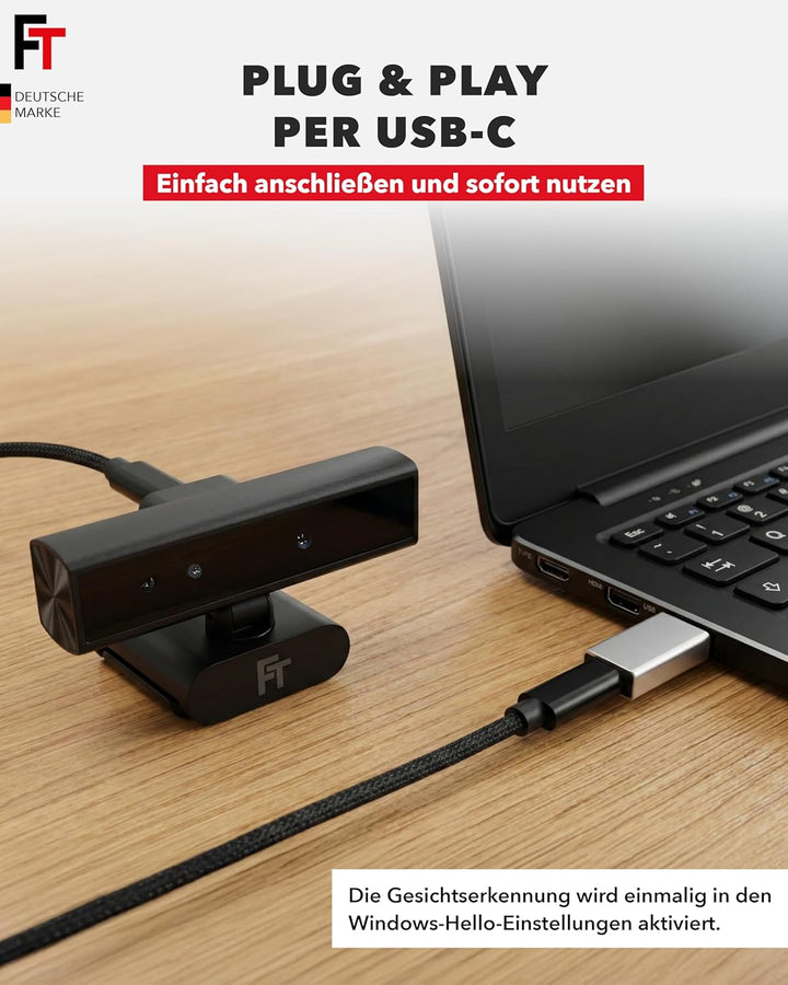 FeinTech FC200 2K Webcam Kamera 5MP für Windows Hello Gesichtserkennung, Webcam