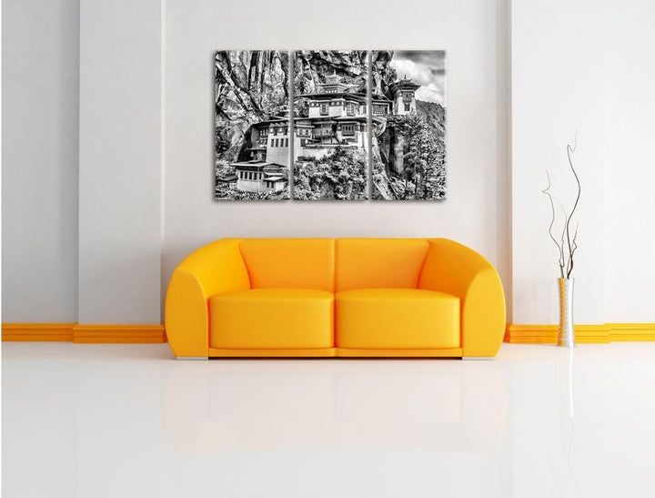 Pixxprint Monocrome, Chinesische Festung im Berg 3-Teiler Leinwandbild 120x80 Bild auf Leinwand