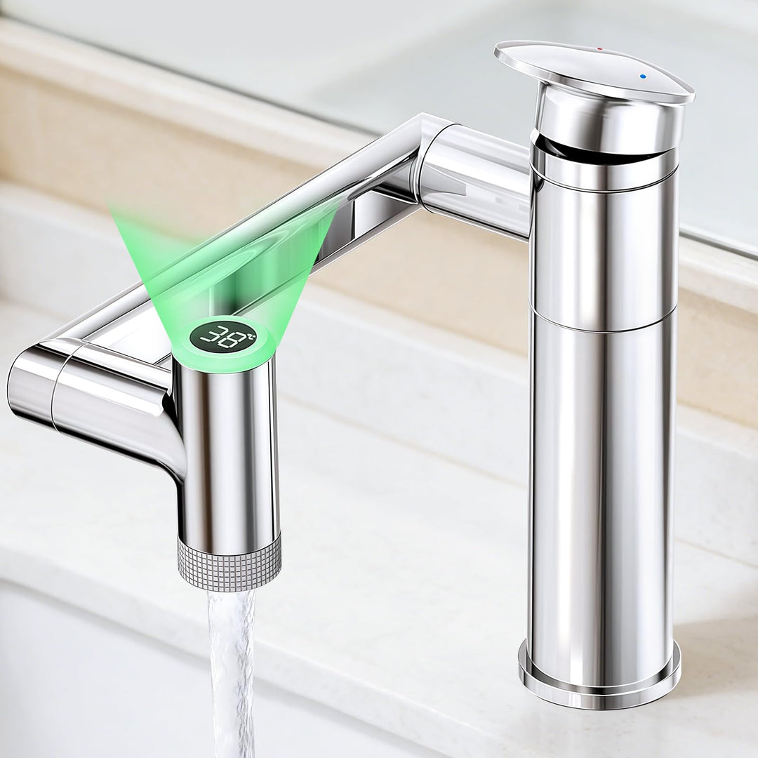 Wasserhahn Bad mit Temperaturanzeige(Batterielos), 1080° Drehbar Einhebelmischer Waschbecken, Höhenv