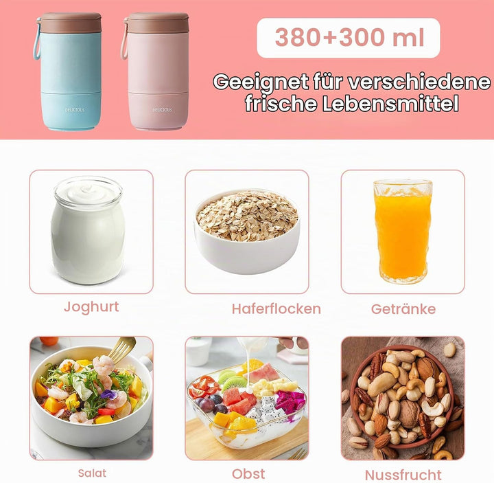 2 Stück Müslibecher To Go mit Deckel,PP-Material Porridge Becher Joghurtbecher to Go mit Löffel,780m