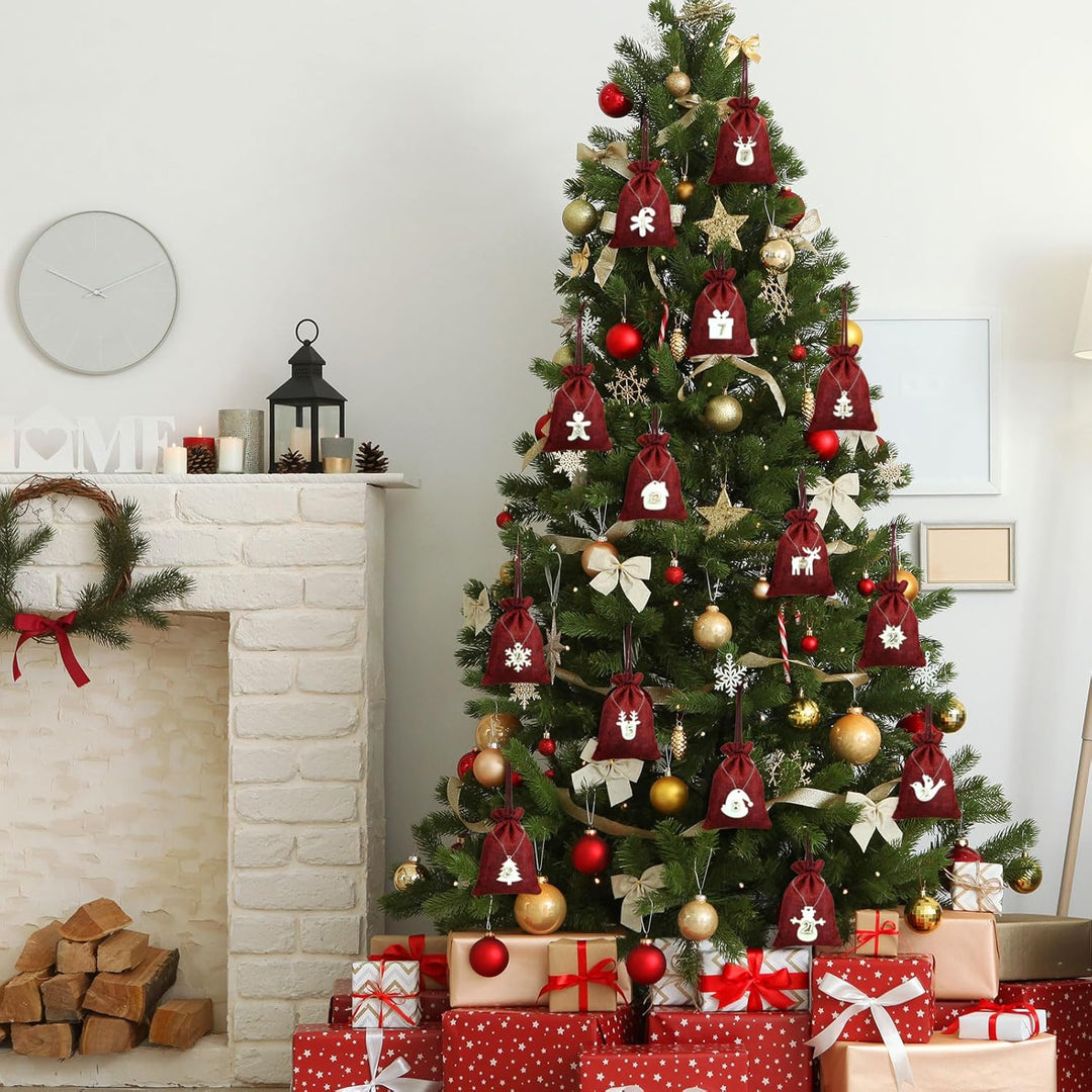 Naler 24 x Jutesäckchen Adventskalender Stoffbeutel mit Zahlen Holzanhänger Jute Beutel Säckchen für