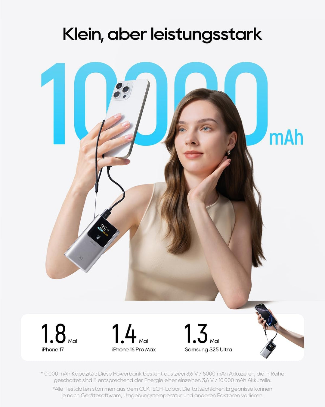CUKTECH 10 Mini 55W Powerbank Schnellladung, 10000mAh(2S1P) tragbarer Ladegerät USB-C EIN- und Ausga