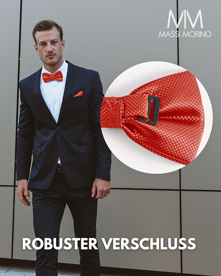 Massi Morino Fliege mit Einstecktuch für Herren Set - Anzug Herrenfliege zur Hochzeit - Verstellbare