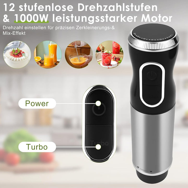 Dreamhigh® 4-in-1 Elektrische Stabmixer Set, 1000W Purierstab mit 12 Geschwindigkeiten & TURBO, inkl