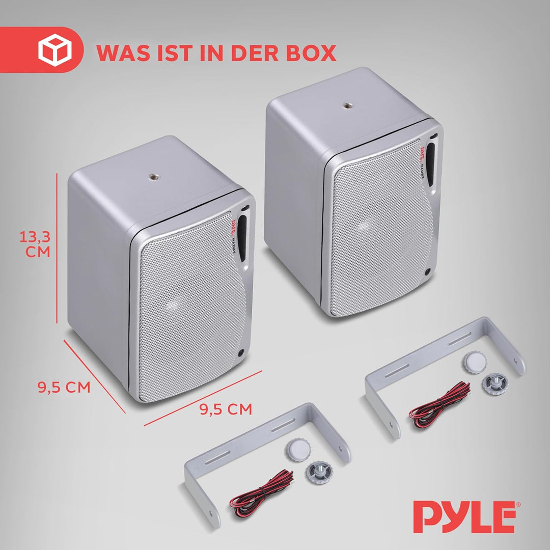 Pyle Wasserdichte Lautsprecher 3.5-Zoll-200-Watt 3-Way Wetterfeste Mini Box, Silber, PLMR24S