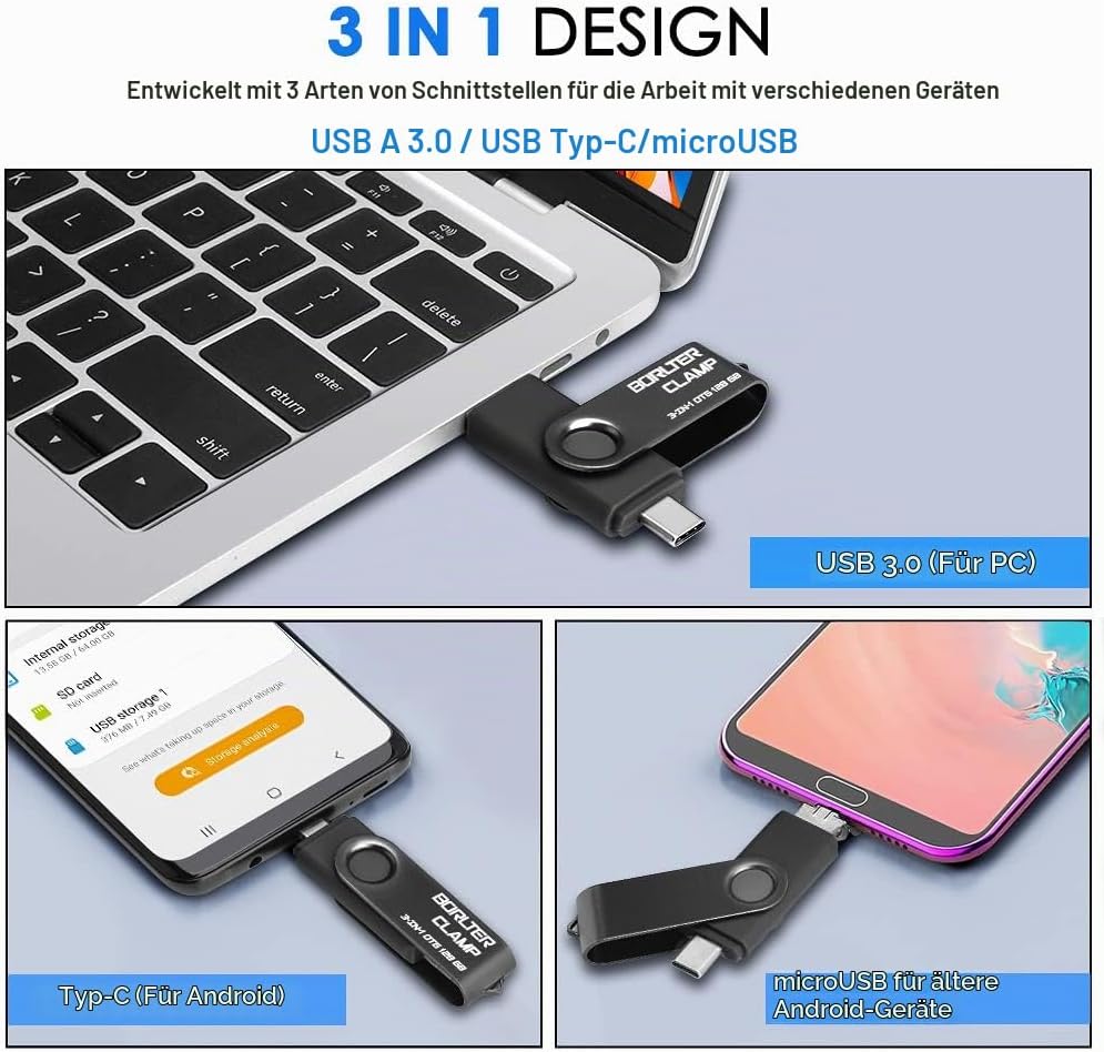 64 GB USB 3.0 Flash-Laufwerk 3 in 1 Foto-Stick für Android-Handys, BORLTER CLAMP OTG Speicherstick m