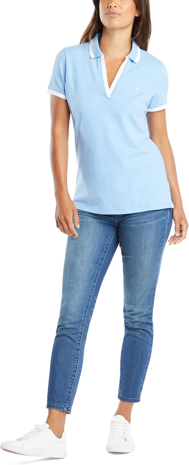 Nautica Damen Klassische Passform, Gestreifter V-Ausschnitt, Stretch-Baumwolle Polohemd M Della Robb