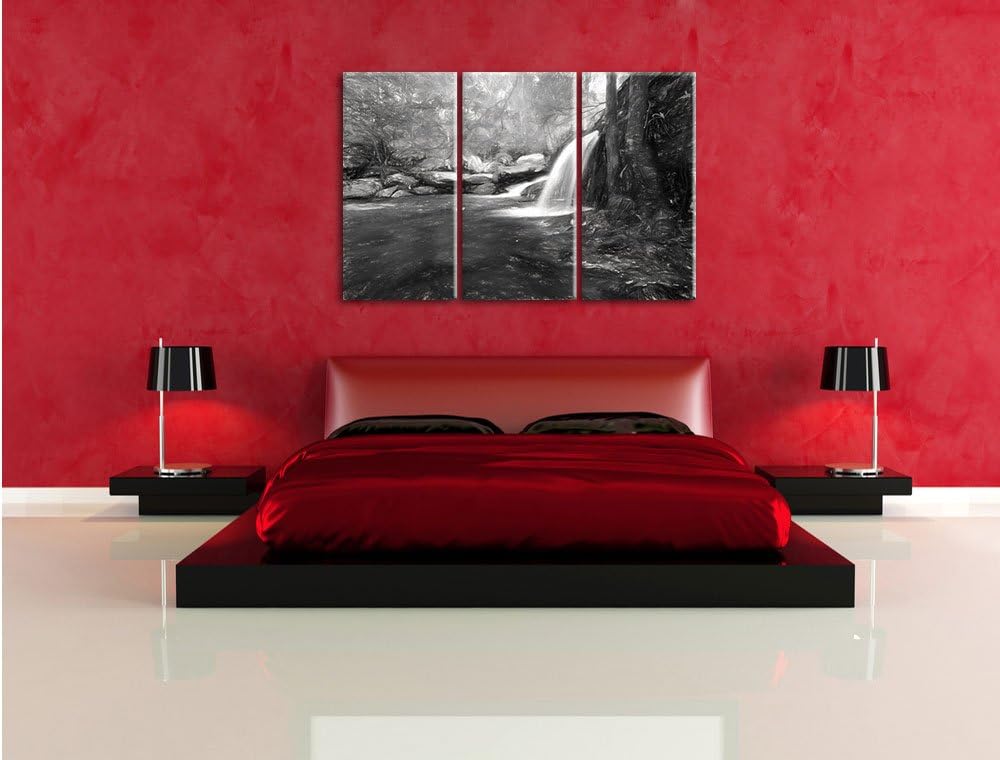 Pixxprint Wasserfall im Wald / 3-Teilig/Gesamtmass 120cm Leinwandbild bespannt auf Holzrahmen/Wandbi