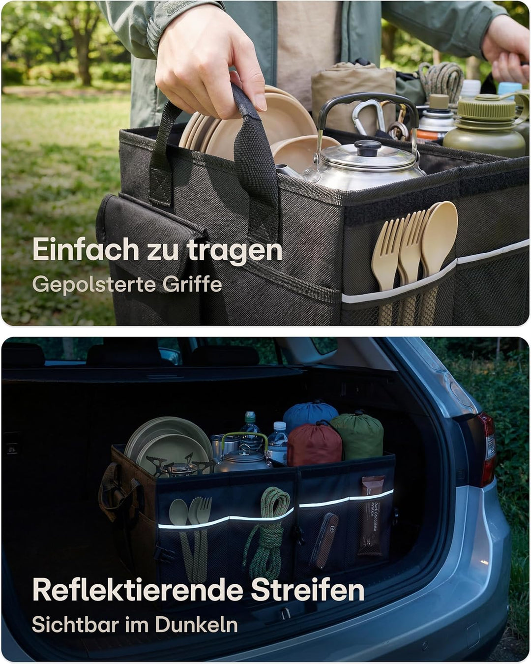 Praknu 45L Auto Kofferraum Organizer Faltbar mit Deckel – auf 20 L anpassbar – 3 Fächer mit 11 Tasch