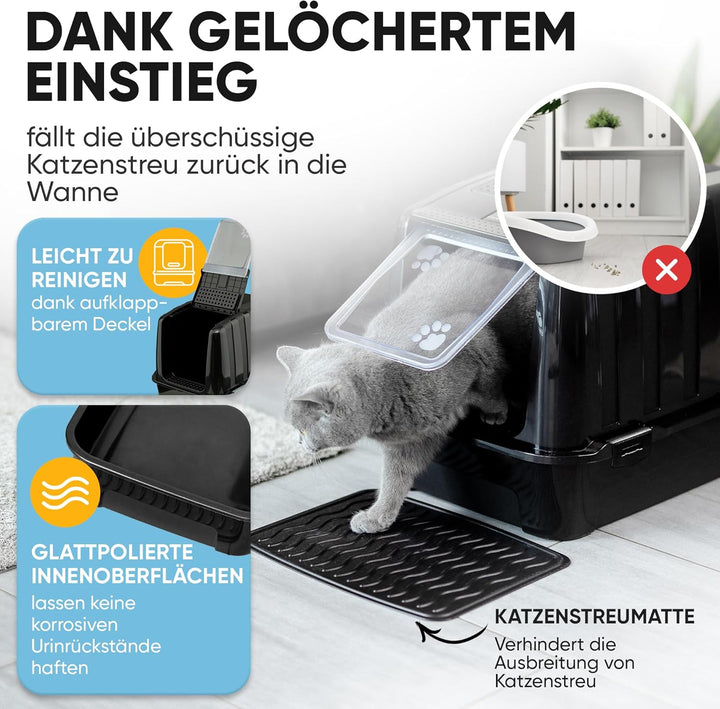 CROPLAS Katzenklo mit Deckel und Aktivkohlefilter + [ Katzenklo Matte ] + [ Katzenklo Schaufel ] - K