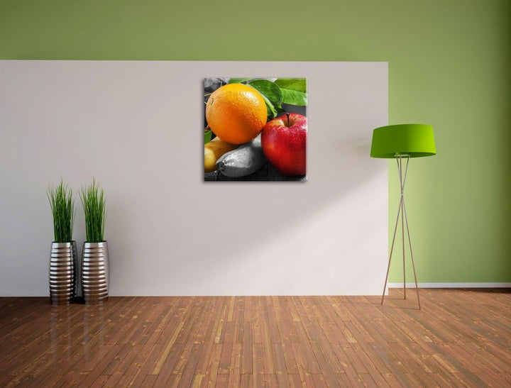 Pixxprint Apfel Banane Orange und Co. schwarz/weiss, Format: 70x70 als Leinwandbild, 70x70