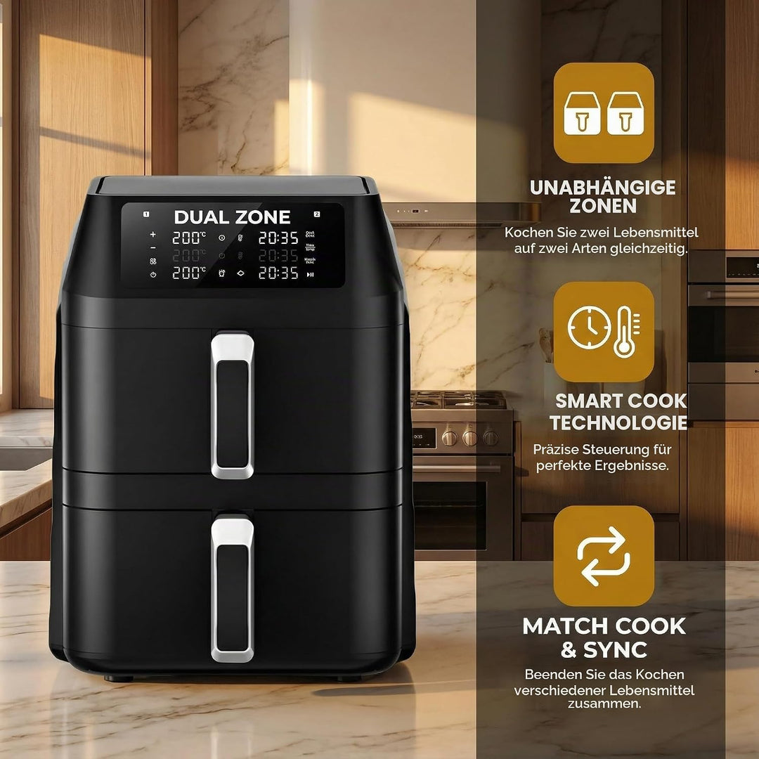 Airfryer, Heissluftfritteuse 2 Kammern, 12 L Heissluftfritteuse, Innovative Mehrfach-Luftgeschwindig