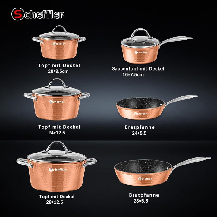 Topfset,Scheffler Topfset Induktion 15-teilig, Induktions Töpfe Set, Töpfe mit Glasdeckel, Kochtopf-