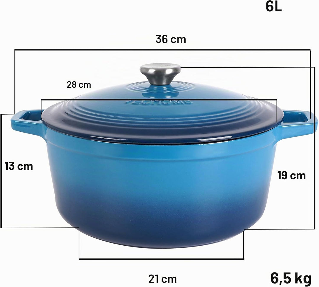 VeoHome Gusseisentopf 6L | Bräter | Gusseisen Topf Blau - Schmortopf |Bratentopf | Bratpfanne | Koch