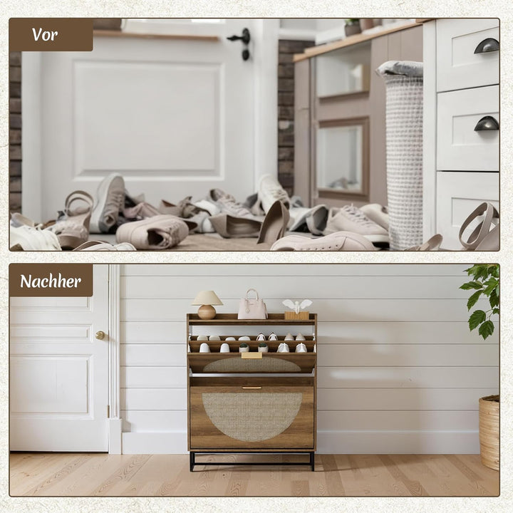 Schuhschrank Schmal, Schuhregal mit 2 Klappen, Schuhkipper mit Verstellbar, Schuhaufbewahrung Holz,