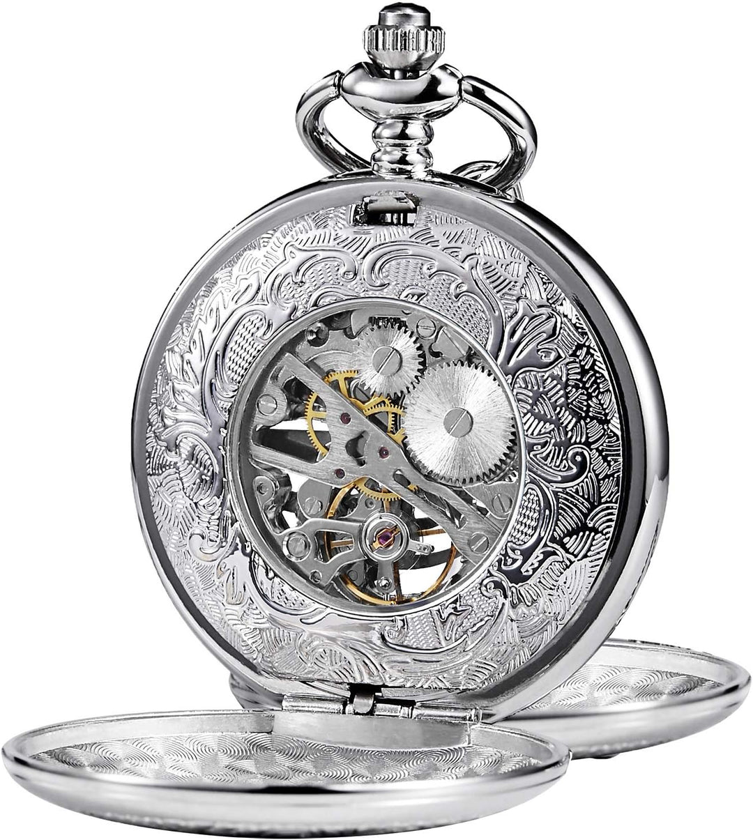 TREEWETO Unisex Taschenuhr mit Kette Analog Handaufzug Doppelscharnier Antik Drache Skelett Bronze 6