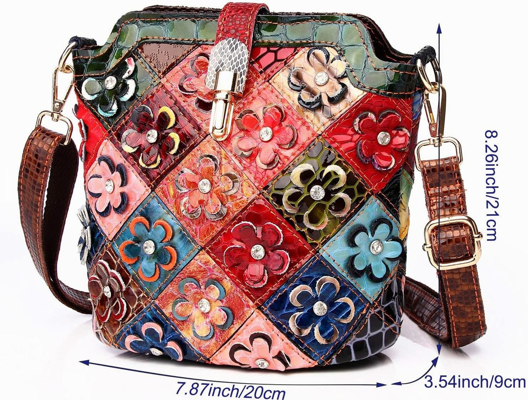 Segater® Mehrfarbig Floral Rind Leder-Umhängetasche für Damen, Vintage Rindsleder Handtasche Blumenm