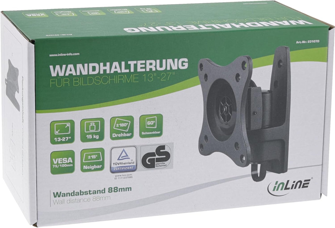 InLine Wandhalterung für Monitore bis 27 Zoll, schwenkbar, neigbar, VESA 75x75/100x100, Kabelmanagem