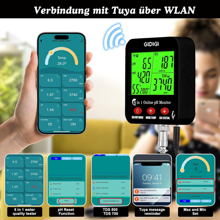 8-in-1 WiFi Water Smart pH/EC/TDS/Salz Messgerät mit ORP, Feuchtigkeits und Temp, Digitaler Hydrokul