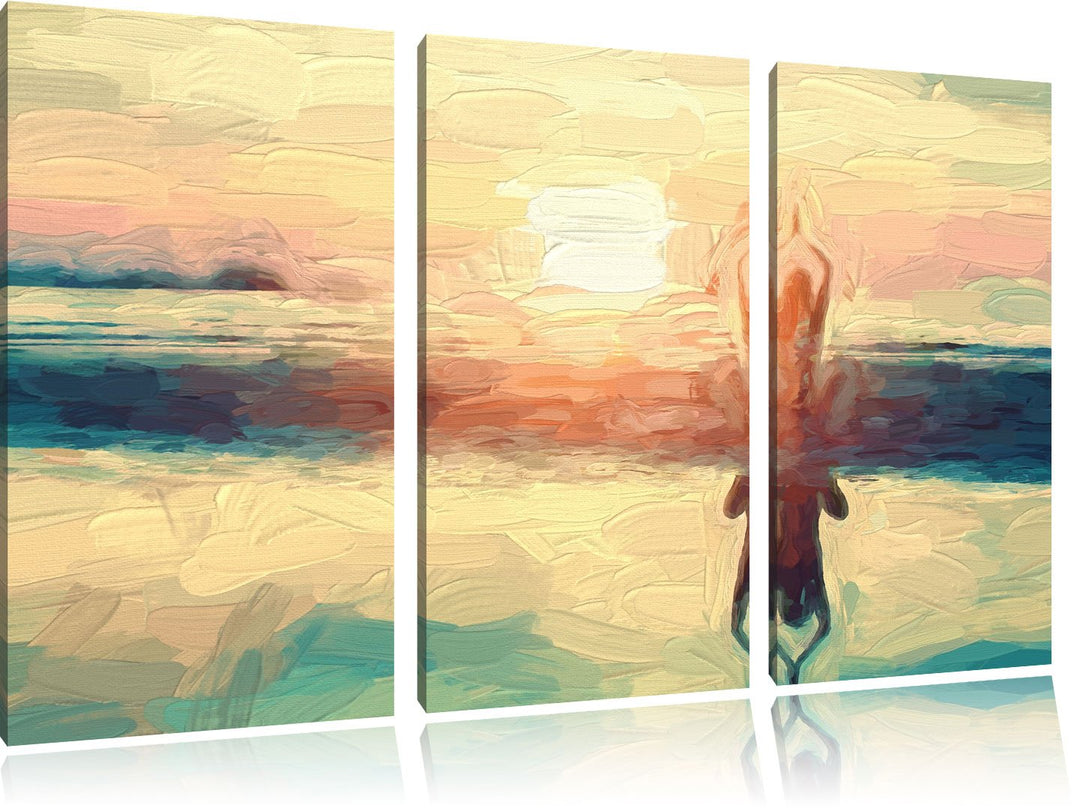 Pixxprint Frau in Einer Yogapose am Strand als Leinwandbild/Grösse: 3 Teilig (120x80) / Wandbild/Kun
