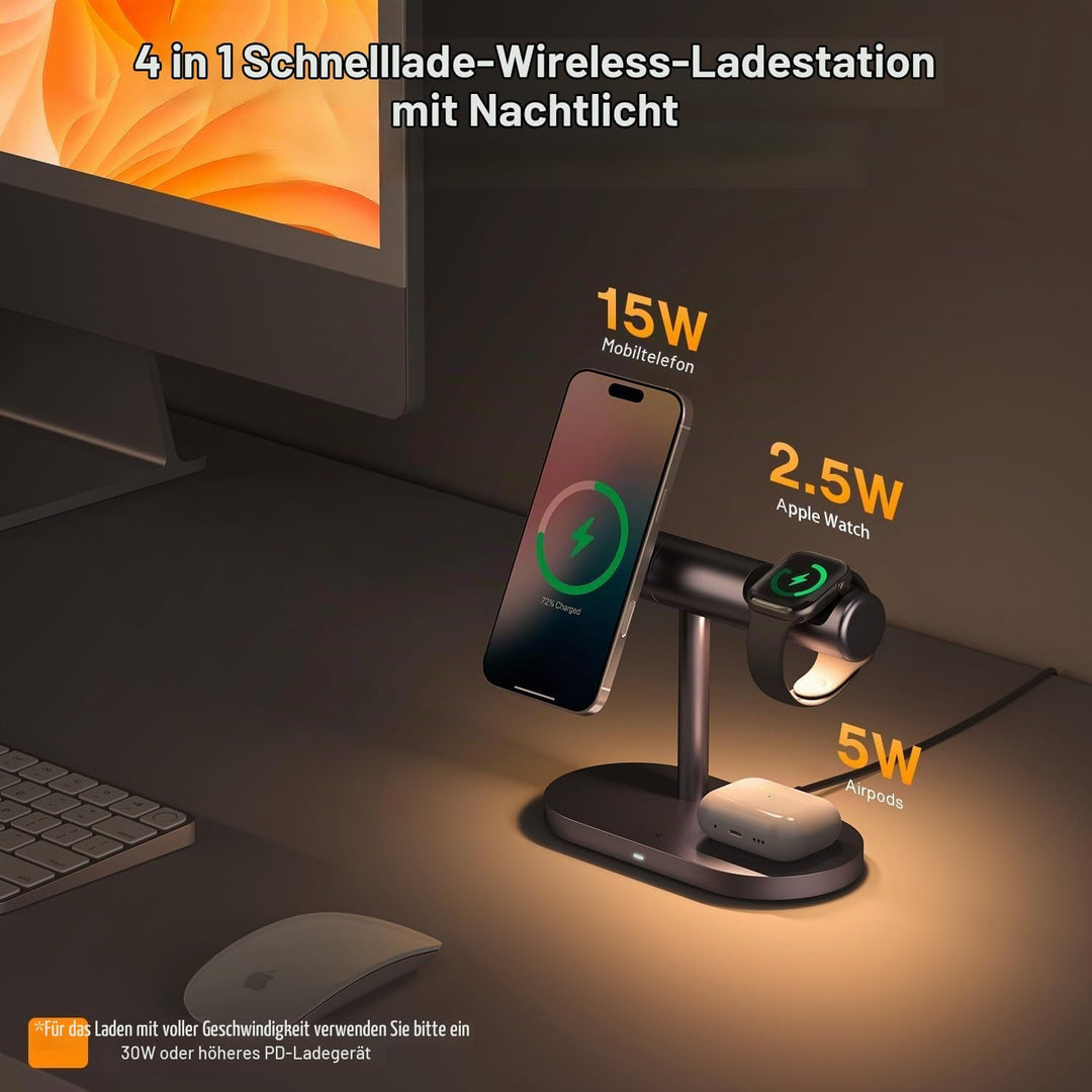 iVANKY 4 in 1 Qi2 zertifizierter kabelloser Ladeständer für iPhone 17 Air, Nachtlicht für MagSafe In