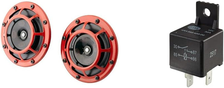 HELLA 3AG 003 399-801 Horn - B133-12V - Frequenzbereich: 300/500Hz - Starkton rot/schwarz - Flachste