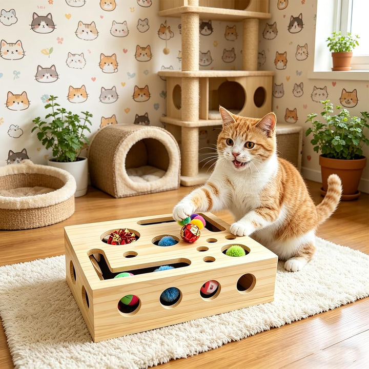Kratzpuzzle Spielbox Holz: 30 x 25 cm Beschäftigungsbox Krallenfeile Katzen mit mattierten Aufkleber