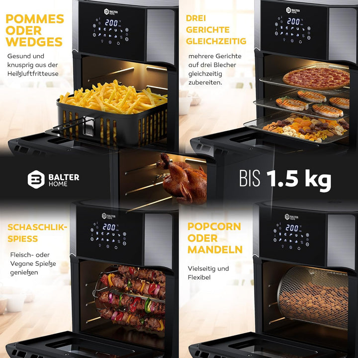 Balter Heissluftfritteuse HL-1200-BL, 12 Liter, Friteuse, LED Touchscreen, 10 Programme, Dörrautomat