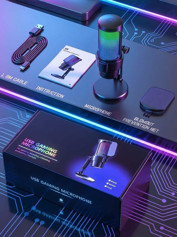 USB Gaming Mikrofon mit Ständer Plug & Play PC Mikrofon mit Mute-Taste, RGB-Beleuchtung, Pop-Filter