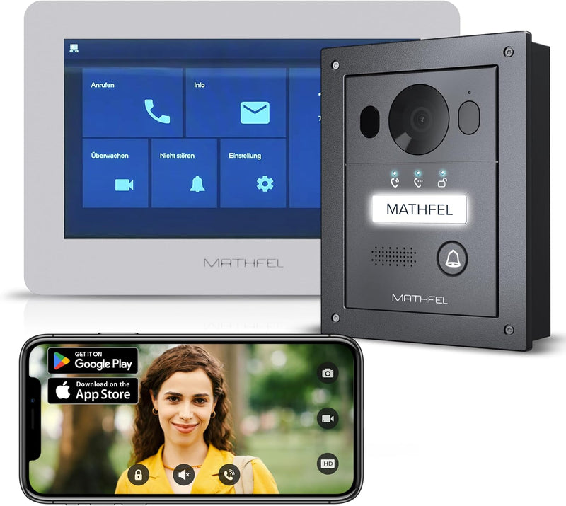 Mathfel 2 Draht Bus Video Türsprechanlage für 1 Teilnehmer, 7 Zoll WLAN Monitor, Anthrazit Kamera, U