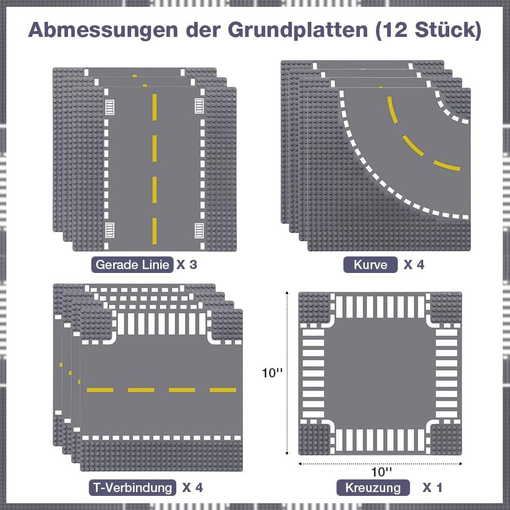 Lekebaby 12 Platten-Set Stadt Strassen Grundplatte, 25.5 * 25.5cm Strassenplatten 100% Kompatibel mi