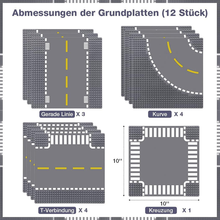 Lekebaby 12 Platten-Set Stadt Strassen Grundplatte, 25.5 * 25.5cm Strassenplatten 100% Kompatibel mi
