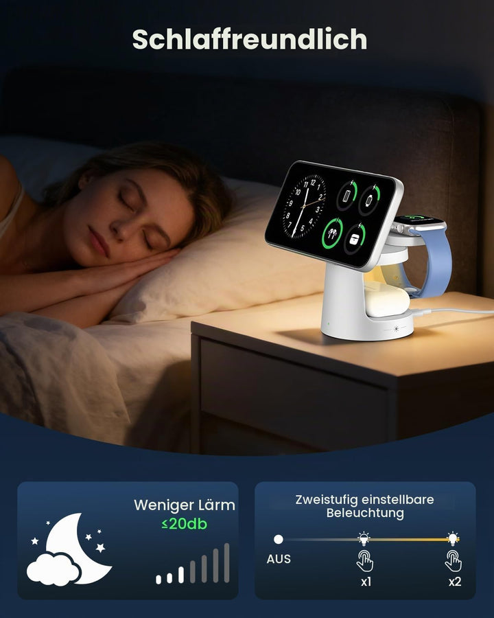 GEEKERA Qi2 25W 3-in-1 Ladestation mit Nachtlicht, Faltbares MagSafe-kompatibles Schnellladegerät fü