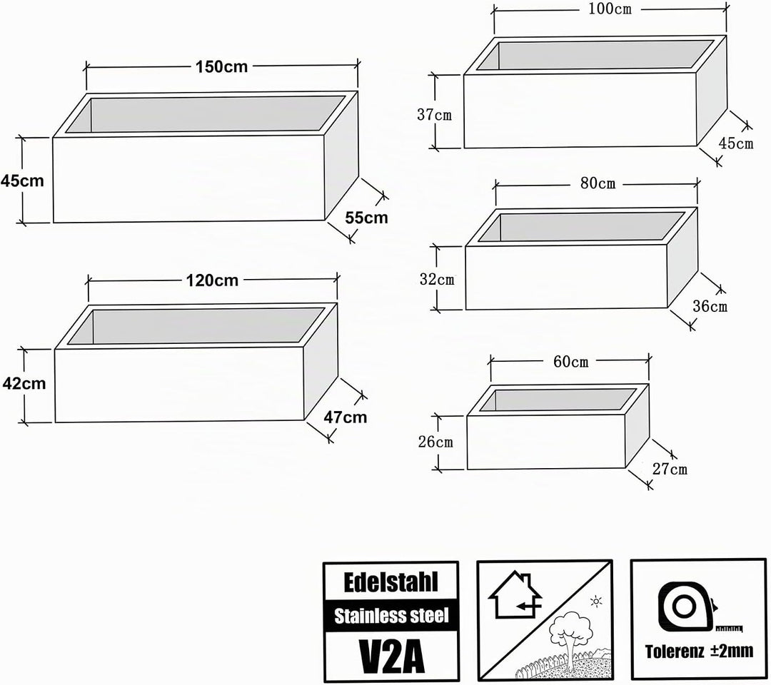 Köhko® Designer-Pflanztrog aus Edelstahl Viva 80 x 36 x 32 cm | matt gebürsteter Pflanzkübel eckig &amp;