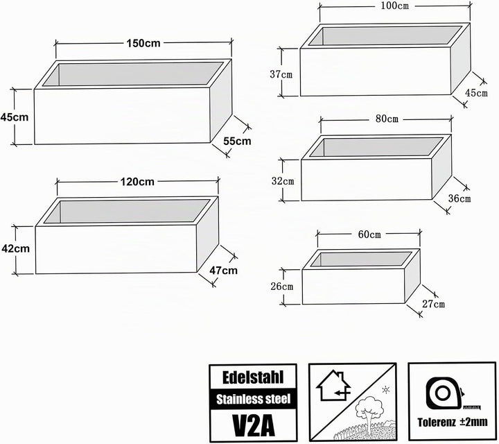 Köhko® Designer-Pflanztrog aus Edelstahl Viva 80 x 36 x 32 cm | matt gebürsteter Pflanzkübel eckig &amp;