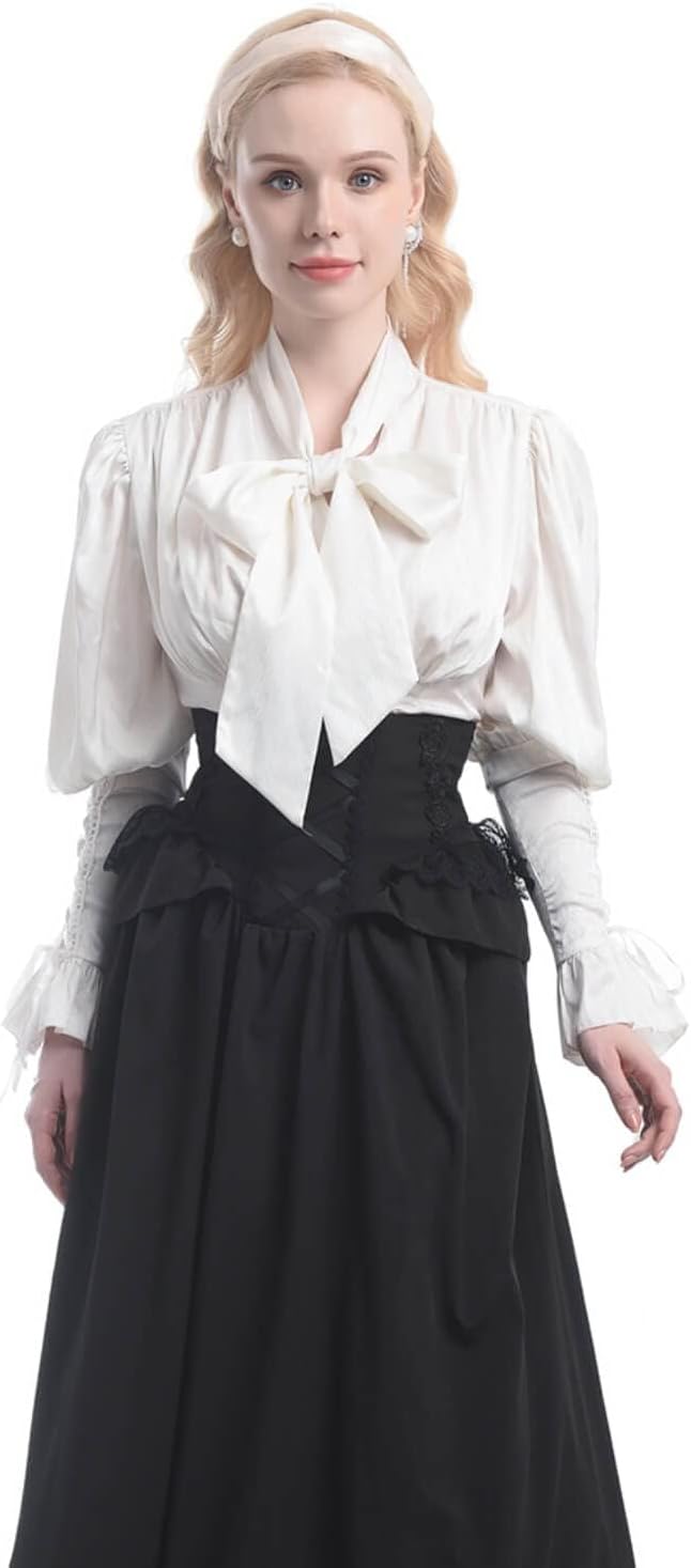 Damen Viktorianisch Bluse Vintage Schleifenhemd Stehkragen mit Ruff Langarmshirt Mittelalter Bluse 3