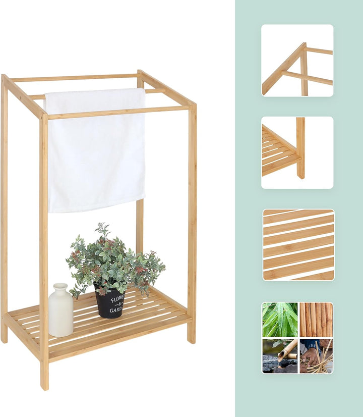 Relaxdays Handtuchständer Bambus, 3 Stangen, mit Ablage, HBT: 86 x 52,5 x 32 cm, freistehend, Duscht