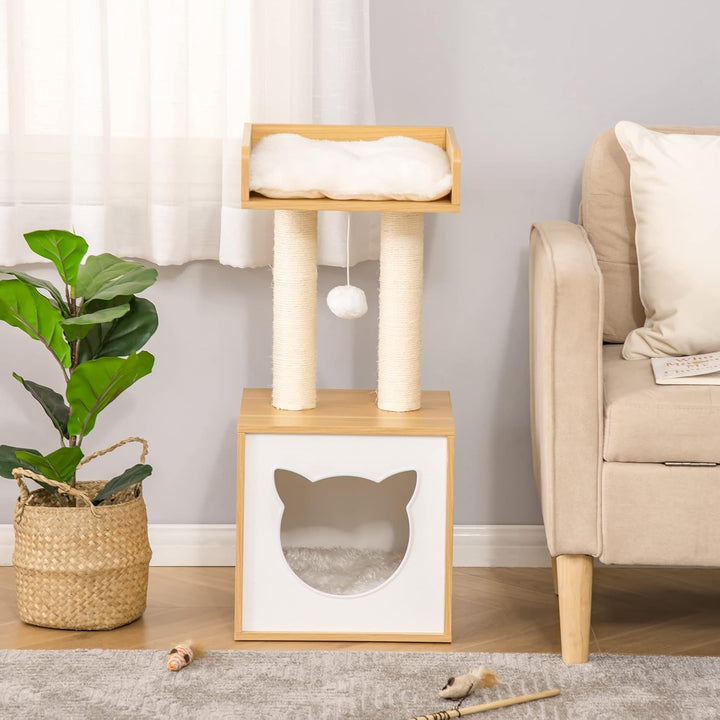 PawHut Katzenhöhle mit Waschbarem Kissen für Katzen 35 x 35 x 81 cm Eiche | Katzenbett, Plattform, K