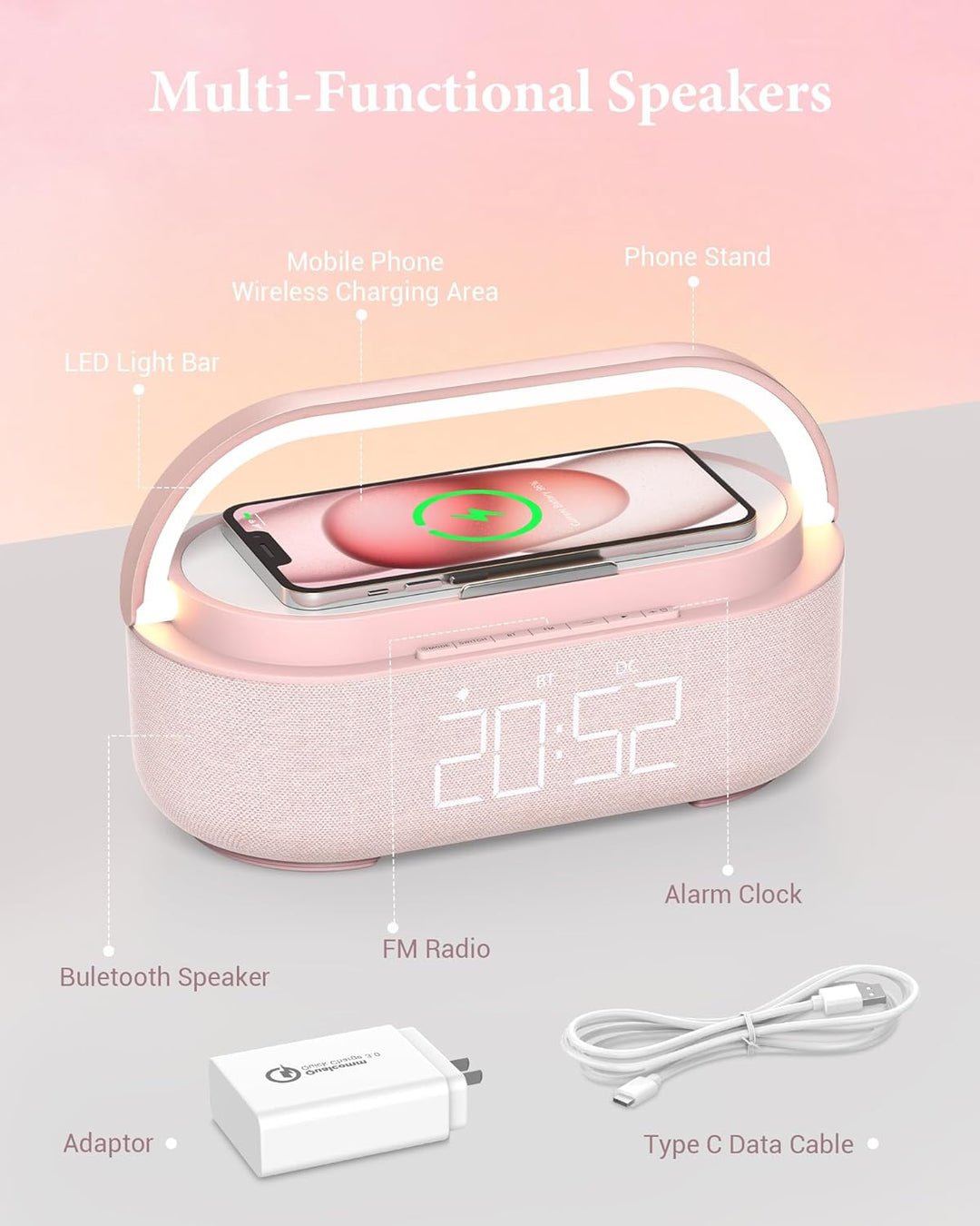COLSUR Radiowecker Digital mit Wireless Charger, Bluetooth Lautsprecher mit USB-Ladegerät, Smart Wec