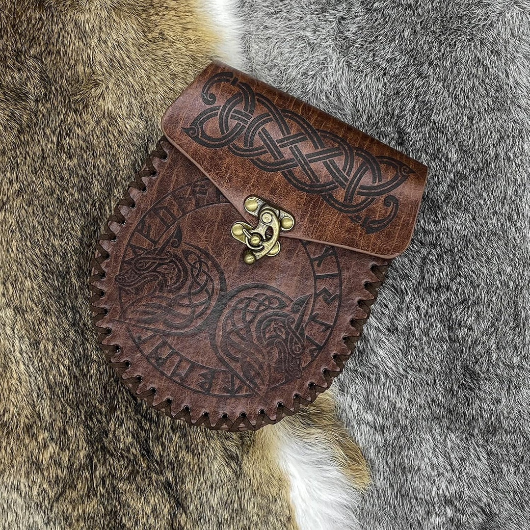 Braune geprägte Gürteltasche, Wikinger-Vintage-Leder-Fanny-Pack-Tasche, mittelalterliche LARP-Gürtel