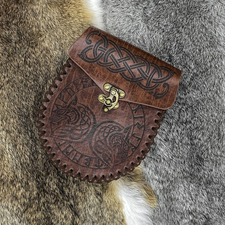 Braune geprägte Gürteltasche, Wikinger-Vintage-Leder-Fanny-Pack-Tasche, mittelalterliche LARP-Gürtel
