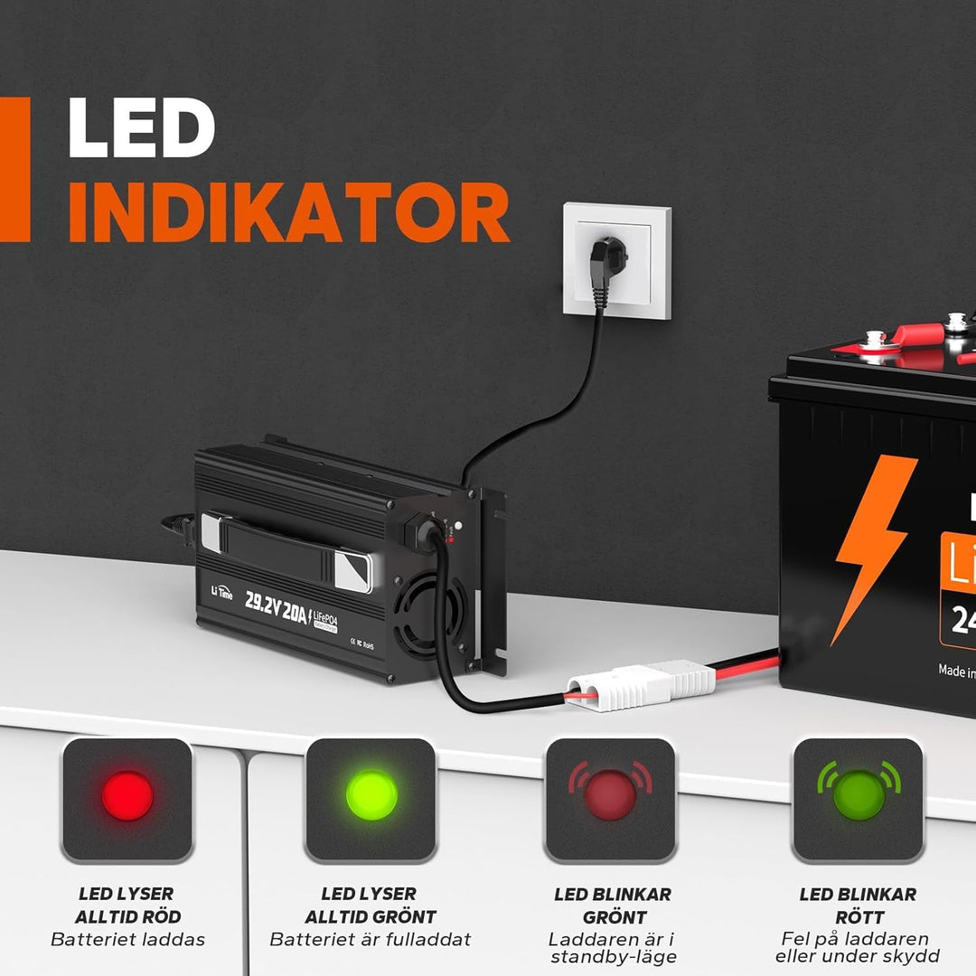 LiTime 29.2V 20A LiFePO4 Batterieladegerät AC-DC, mit Anderson Stecker LED-Anzeigen, 4 eingebaute Sc