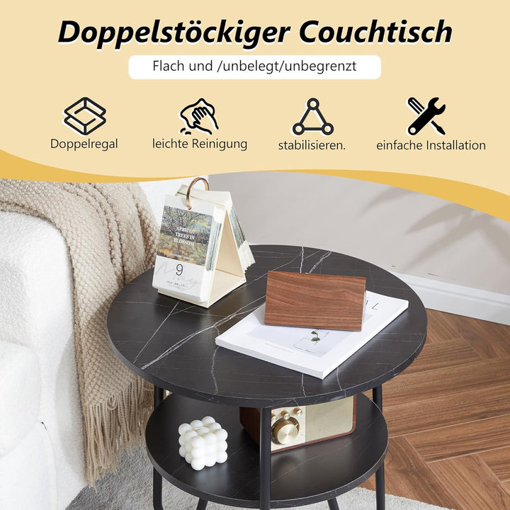 Mingone Couchtisch Rund Beistelltisch 2 Ablagen Sofatisch Modern mit Stauraum Kleiner Tisch für Wohn
