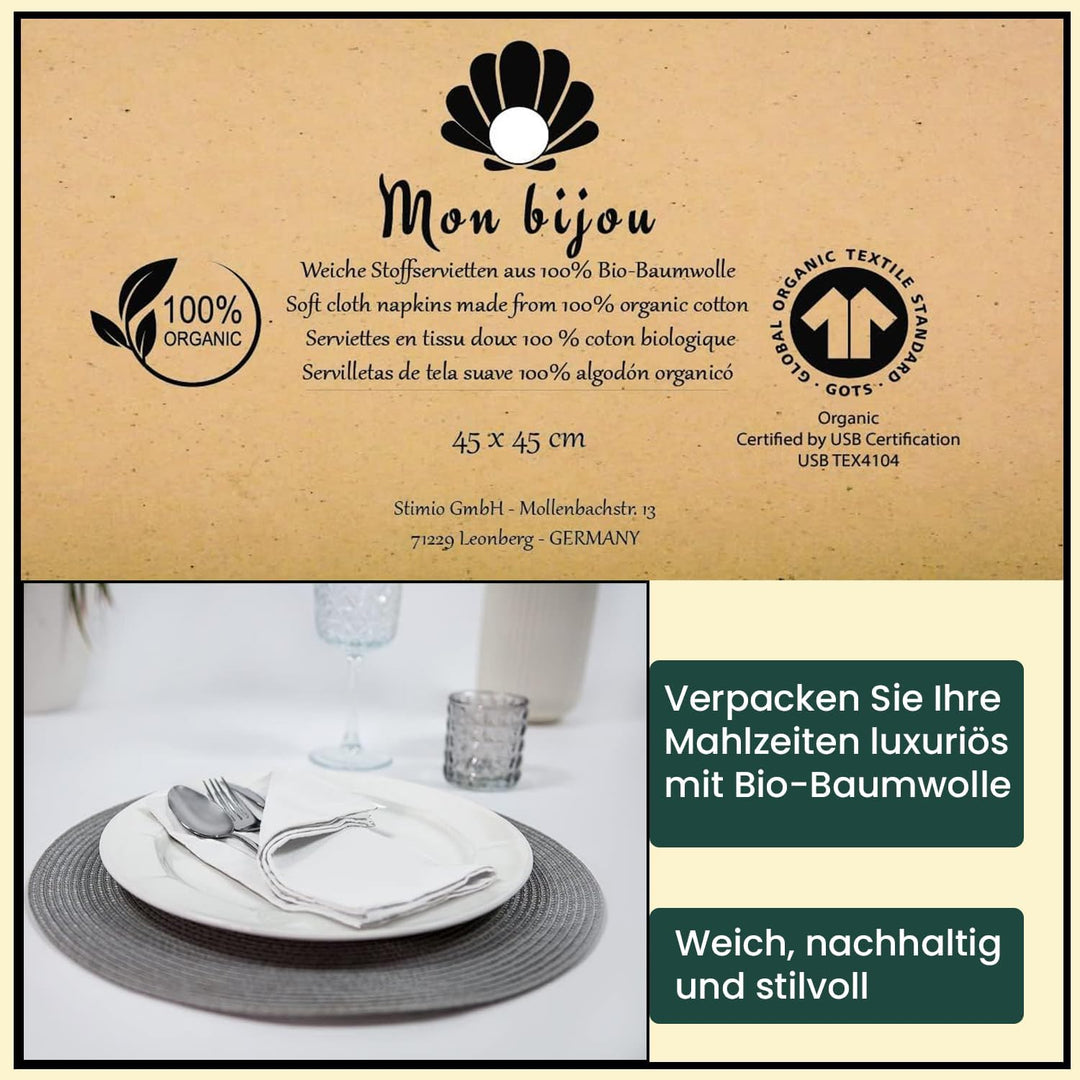 12er Set Stoffservietten Weiss – 100% GOTS Bio-Baumwolle – Waschbare Baumwollservietten 45x45cm – Ed