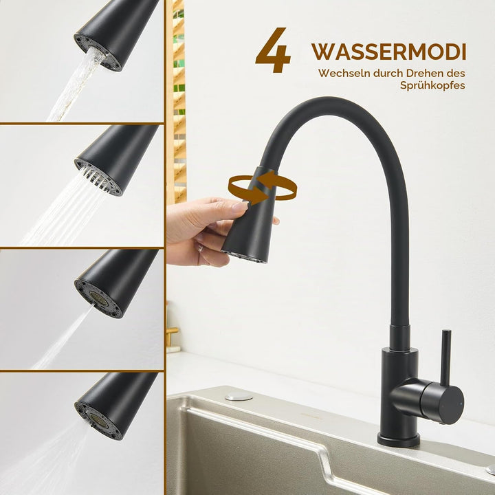 Wasserhahn Küche Schwarz mit Flexibler Auslauf 360° Drehbar, Schwarz