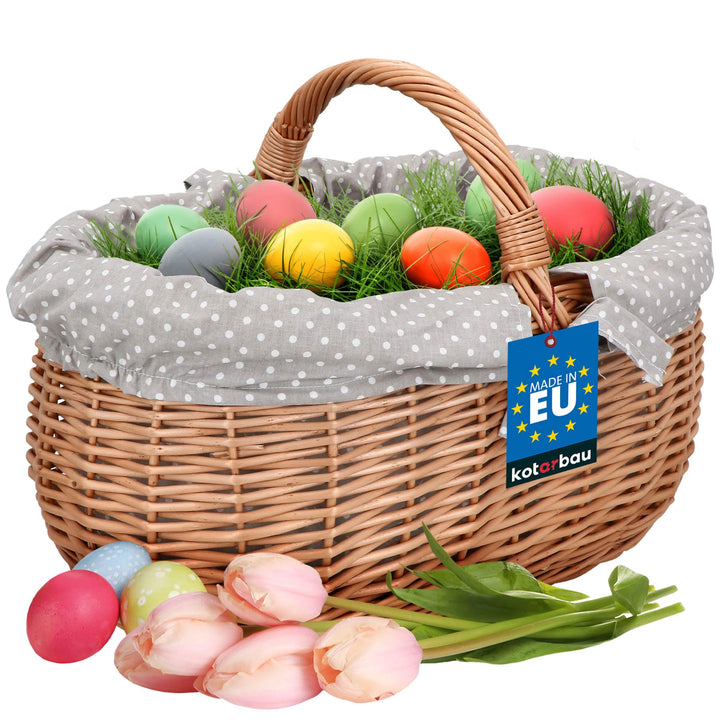 KOTARBAU® Picknickkorb Weidenkorb 47 cm Naturfarbe Einkaufskorb mit Grau Stoffeinsatz Osterkorb Gesc