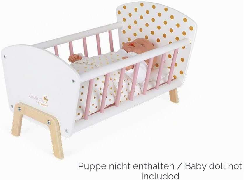 Janod - Puppenbett ‘Candy Chic’ aus Holz mit Matratze + Decke + Kissen - Zarte Glitzernde Farben - K