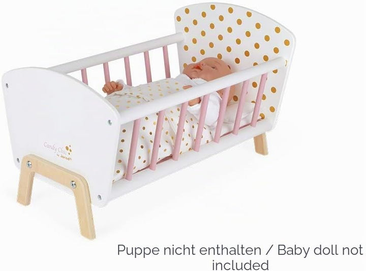 Janod - Puppenbett ‘Candy Chic’ aus Holz mit Matratze + Decke + Kissen - Zarte Glitzernde Farben - K