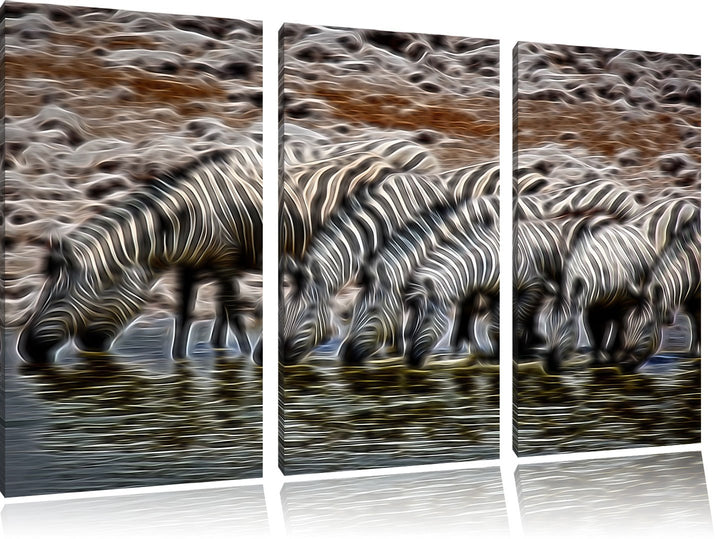 Zebraherde am Wasserloch NewArt 3-Teiler Leinwandbild 120x80 Bild auf Leinwand, XXL riesige Bilder f