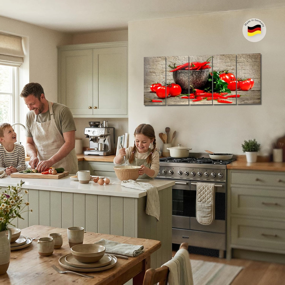 Runa Art Wandbild XXL Küche - Gemüse Esszimmer Küchenbilder 200 x 80 cm Braun Rot 5 Teilig - Made in